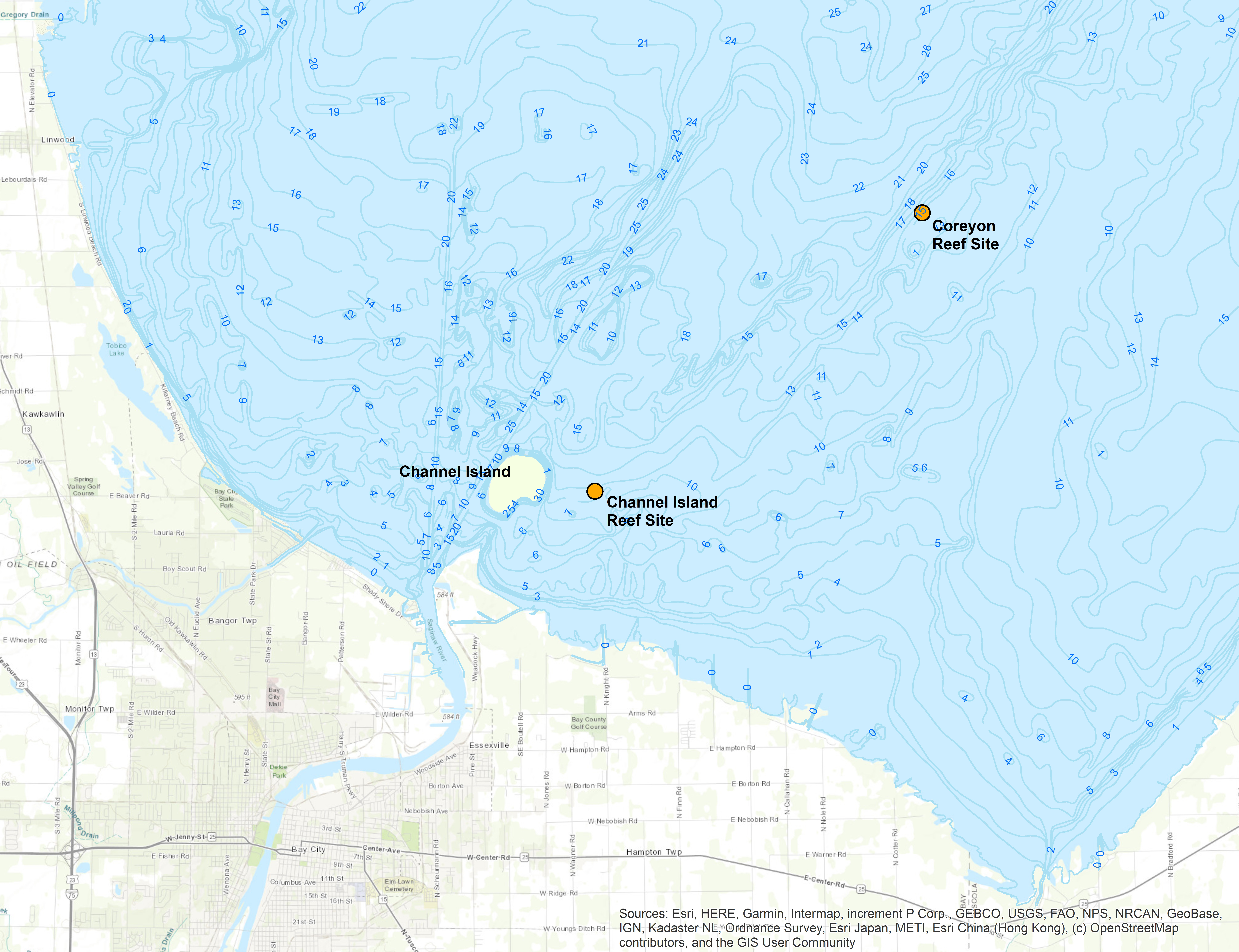 A map showing the location of Channel Island Reef approximately two miles offshore of the mouth of the Saginaw River and Coreyon Reef approximately eleven miles offshore.